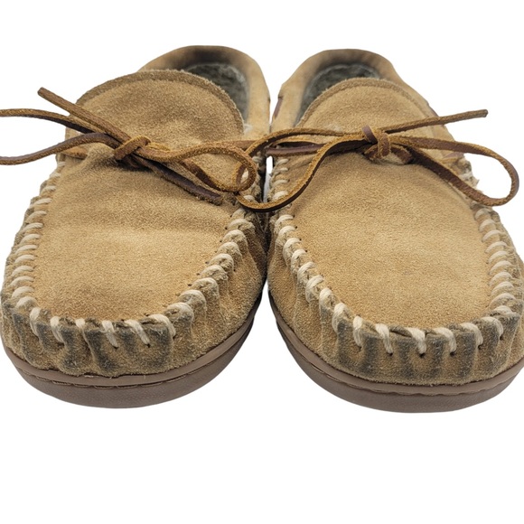 Minnetonka Pile Lined Faux Fur Suede Hard Sole Moccasin Slippers Tan Men’s 8M - Picture 4 of 9